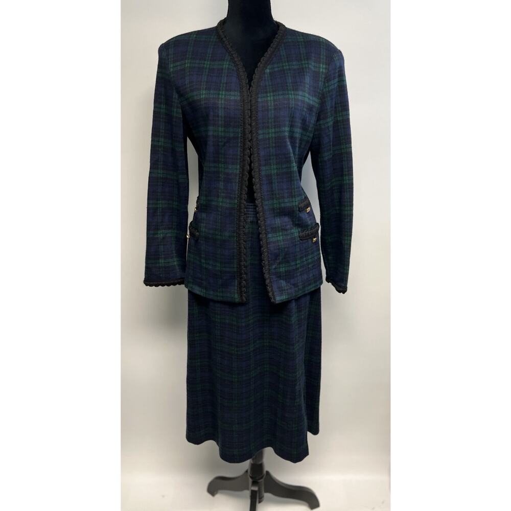 Cricket Lane Blue Green Tartan Plaid Jacket Skirt Set Business Suit Sz 12 Preppy